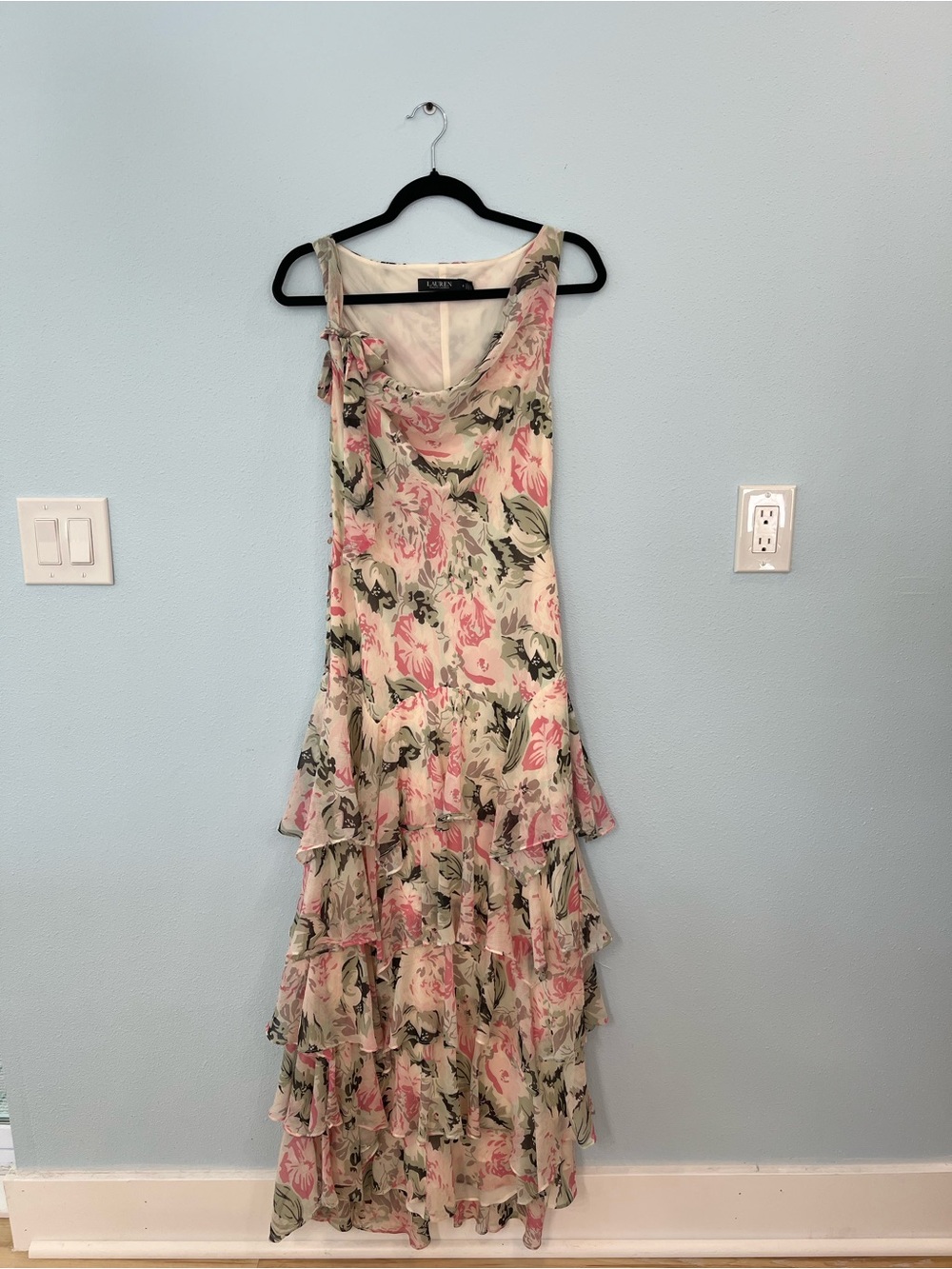 Ralph Lauren Pink and Green Floral Tiered Maxi Dress